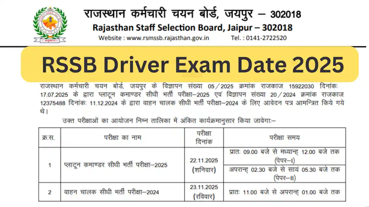 Latest result update : rojgarresultes 11 Rsmssb driver exam date 2025